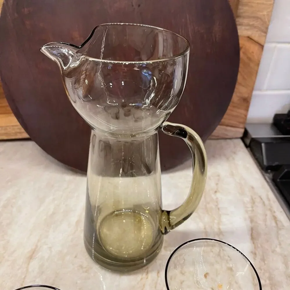 Vtg retro MCM Danish cocktail pitcher +5 martini glasses in a smoky glass
